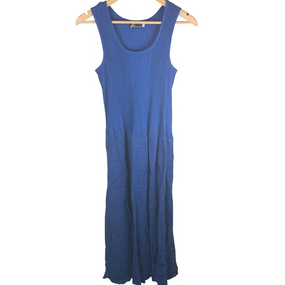 Fenini Tie Dress Ribbed Knit Linen Size Medium Dress Blue Sleeveless Made  USA
